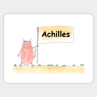 Achilles name. Personalized gift for birthday your friend. Cat character holding a banner Magnet